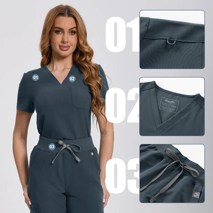 Women’s Scrubs Set V Neck Top Pants 2PCS Medical Uniform Soft Breathable Antibacterial Workwear for Nurses Doctors