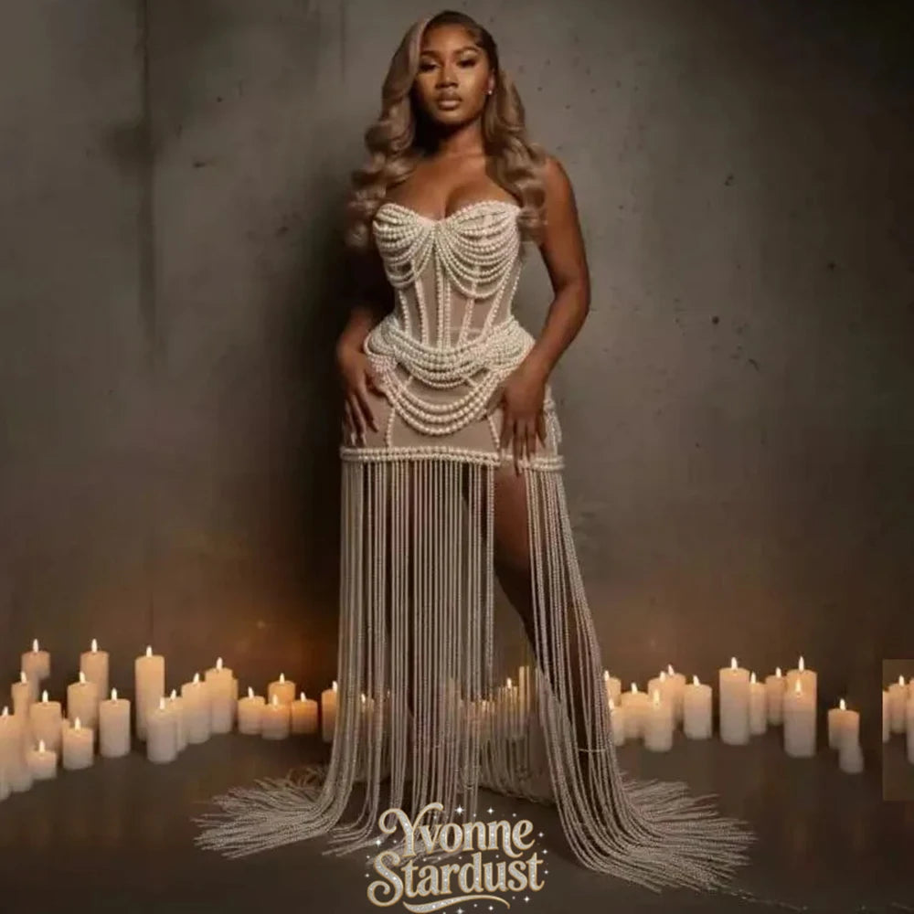 Yvonne Prom Dress Pearls Chain With Corset Birthday Formal Gowns See Through Bead Evening Dresses Customized
