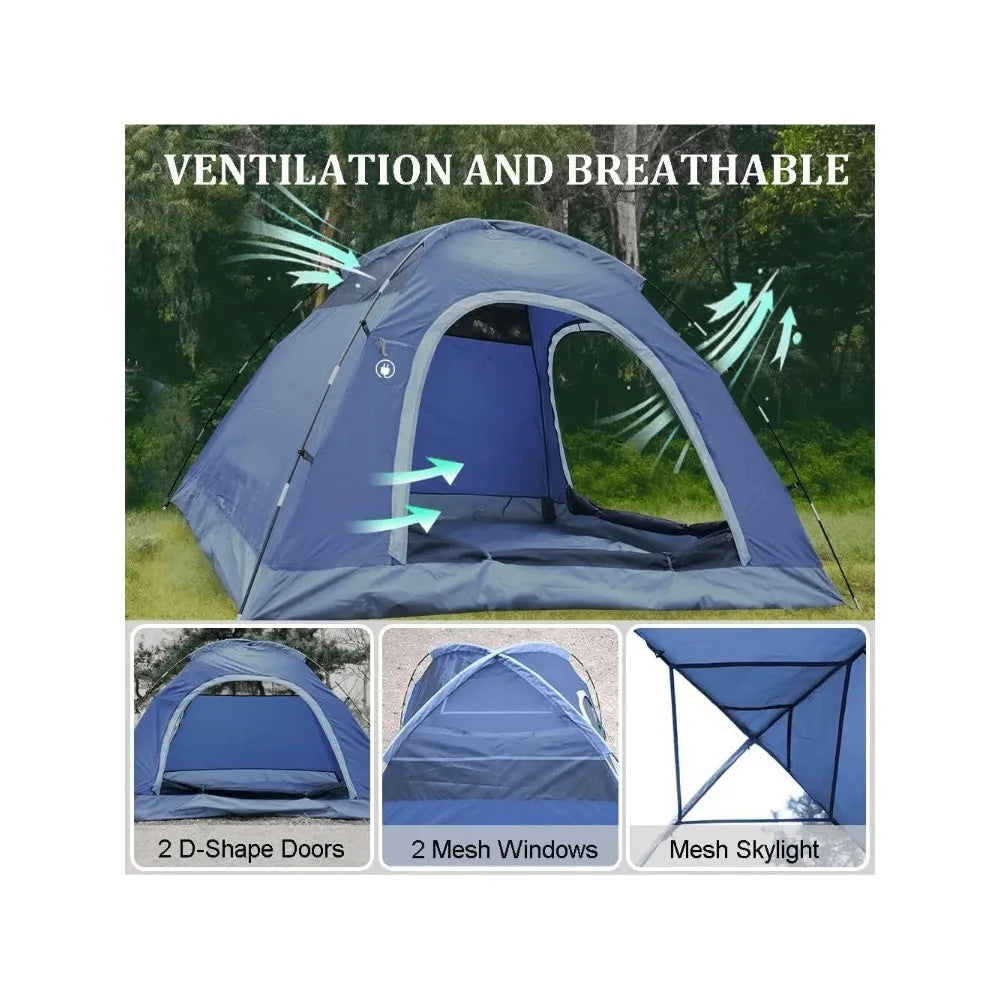 4 Person Camping Tent Waterproof Dome Tent Removable Rainfly Ventilated Double Layer Design 2 Doors Large Mesh Windows Lightweight Portable Easy Quick Setup for Hiking Trekking Traveling Beach Picnic Backyard All Seasons Wind