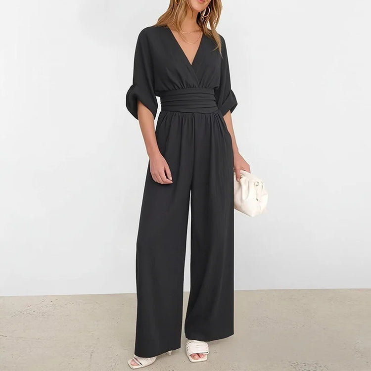 2026 Women V Neck Waist Wide Leg Jumpsuit Casual Elegant Summer One Piece