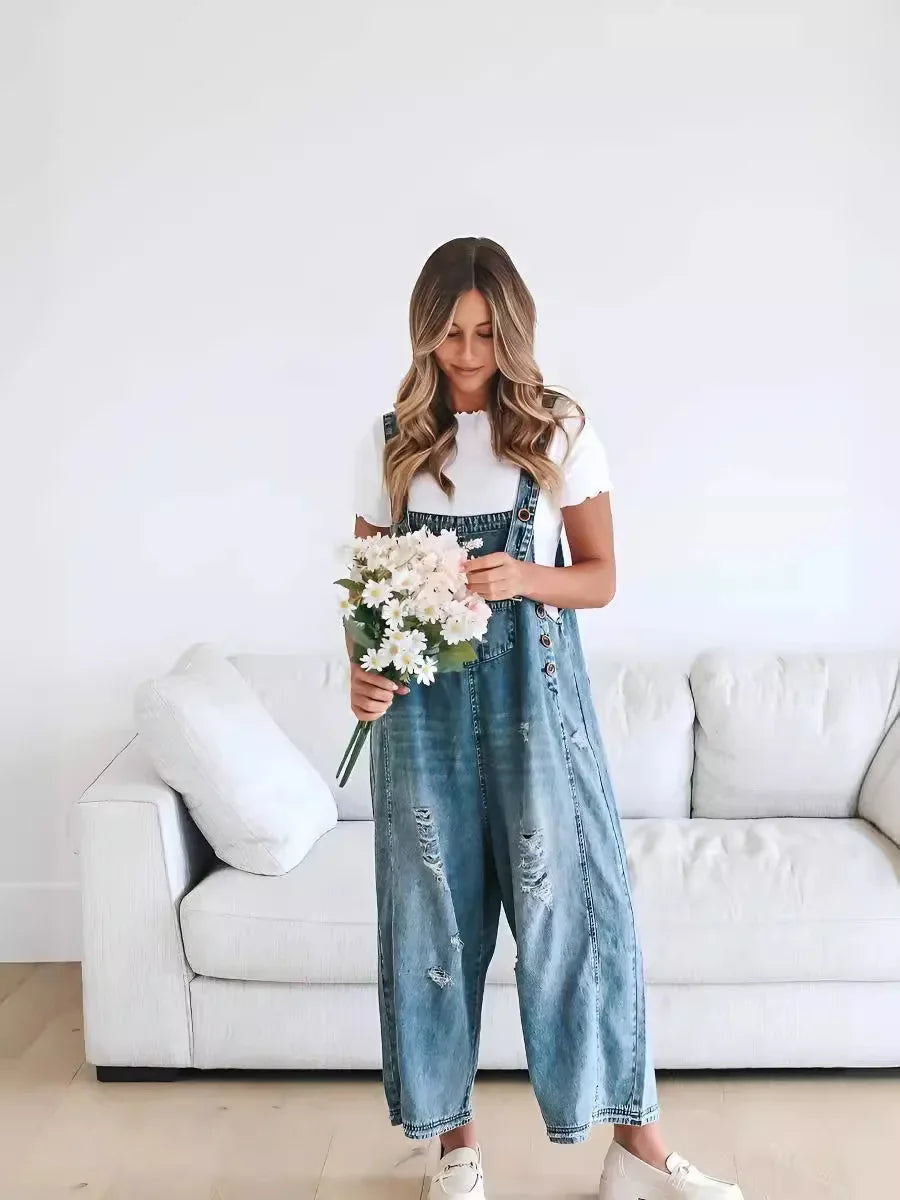 Hole Jeans Overalls Women Jumpsuits Washed Denim Ankle Length Trousers One Piece Y2k Streetwear Pockets Casual Ripped Suspenders