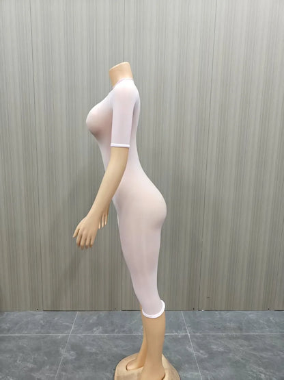 FLARORA Sexy Mesh See Through Rompers Woman Trend O Neck Short Sleeve Skinny Peach Hip Playsuits Stretch Midnight Party Clubwear