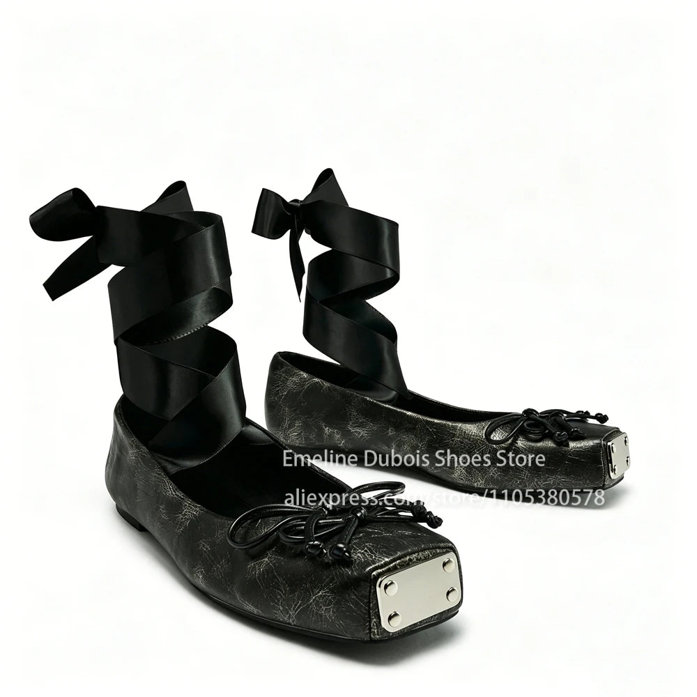 Metallic Square Toe Ankle Wrap Bow Ballet Flats PU Leather Lace up Gothic Street Club Party Plus Size Casual Shoes for Women