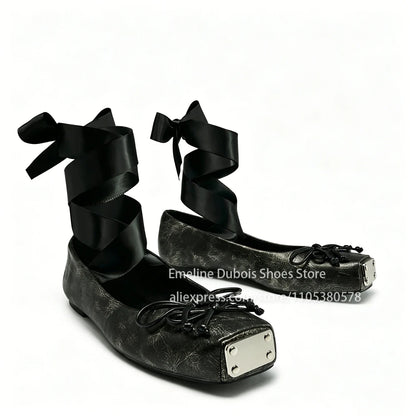 Metallic Square Toe Ankle Wrap Bow Ballet Flats PU Leather Lace up Gothic Street Club Party Plus Size Casual Shoes for Women