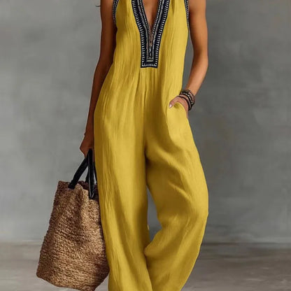Women Jumpsuit Sleeveless V Neck Wide Leg Romper Linen Blend Loose Fit Cotton Overalls High Waist Pockets Boho Style Jumpsuits