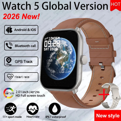 New Watch 5 Sports Smart Watch Men Women 2.01" AMOLED Screen Fitness Tracker Heart Rate ECG Waterproof GPS Track Call Smartwatch