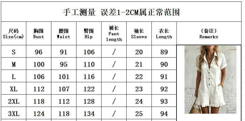 Women Linen Blend Romper Lapel Collar Short Sleeve Button Down Ruffle Hem Pocket Jumpsuit Casual Beach Playsuit
