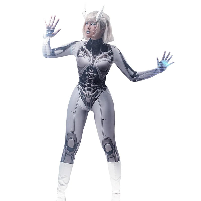 3D Printed Cosplay Bodycon Jumpsuits Y2k Techwear Long Sleeve Gothic Punk Playsuits Anime Women Mock Neck Zip Bodysuit