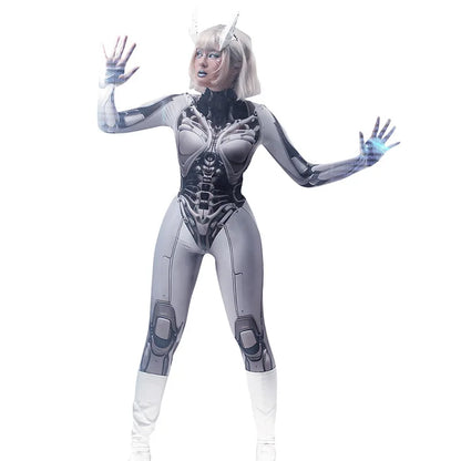 3D Printed Cosplay Bodycon Jumpsuits Y2k Techwear Long Sleeve Gothic Punk Playsuits Anime Women Mock Neck Zip Bodysuit