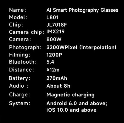 Smart Glasses With 8M HD camera 1200P anti-shake HD video AI intelligent voice assistant Real-time translation Object recognion