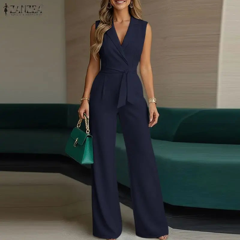 Fashion Women Jumpsuits ZANZEA 2026 Summer Rompers Lapel Neck Sleeveless Playsuit Elegant OL Work Wide Leg Overalls Trousers