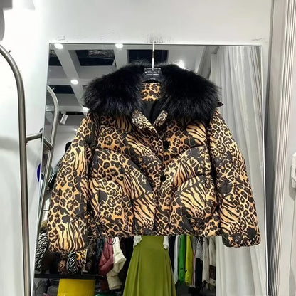 Women's Leopard Print down Jacket European Winter Natural Raccoon Fur Collar Short Warm Duck down Coat