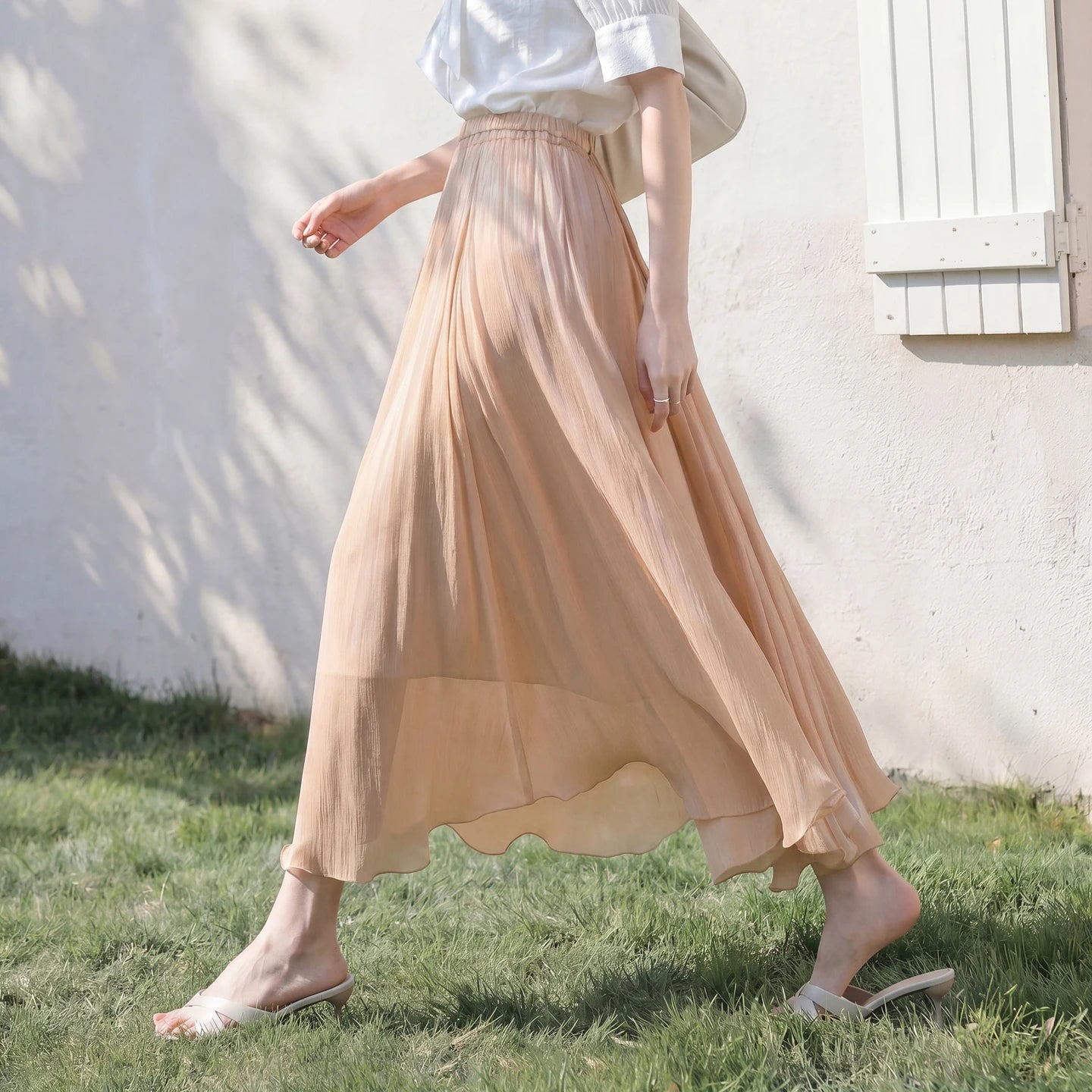 SENTUBILA Women's Summer Skirt 2026 Elegant Elastic Waist Sheen Flowy A Line Long Skirt for Woman Ladies Clothes 162QG4909