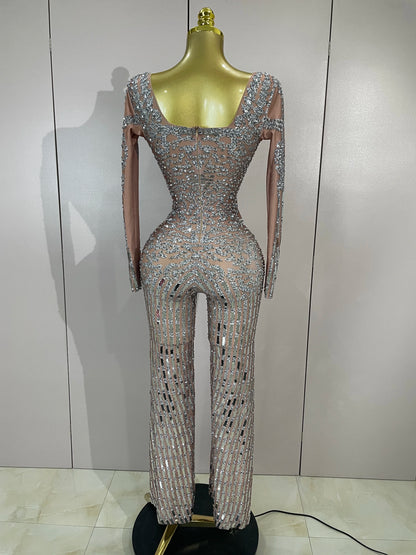 Sparkly Black Rhinestones Sequined Fringe Jumpsuit Women Sexy Nightclub Party Birthday Outfit Show Singer Stage Perform Costume