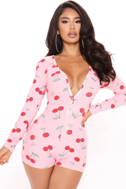 Women's Pajama High Waist Playsuit Christmas Pattern Printing Romper Long Sleeve V Neck Short Pants Home Wear Clothes