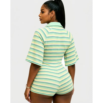 HLJ&GG Green Sexy Deep V Stripe Ribber Bodycon One Piece Rompers Women Short Sleeve Slim Jumpsuits Fashion Party Club Overalls