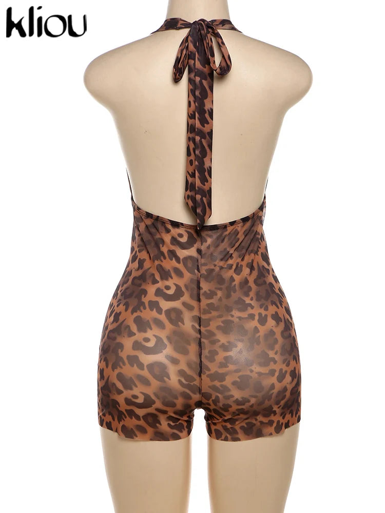 kliou Halter Printed Women Playsuits Hipster Bandage Deep V-neck Backless Sheer Skinny Overalls Female Trend Party Club Bodysuit