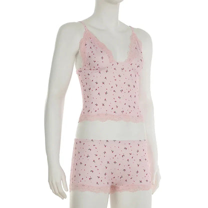 Summer Two-piece Pajamas Set for Women Sleepwear  Floral Lace Pink Sleeveless Camisoles and Slim Shorts Loungewear