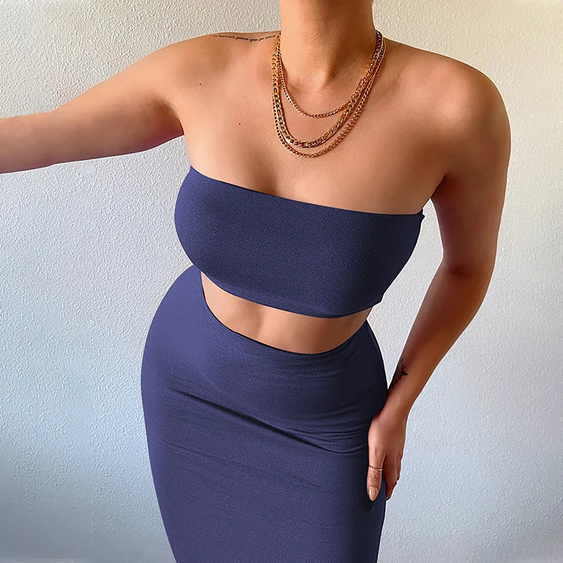 Hugcitar Women Elegant 2 Pcs Sets Strapless Sexy Tube Crop Tank Top Maxi Skirt 2025 Summer Women Casual Clothes Party Festival