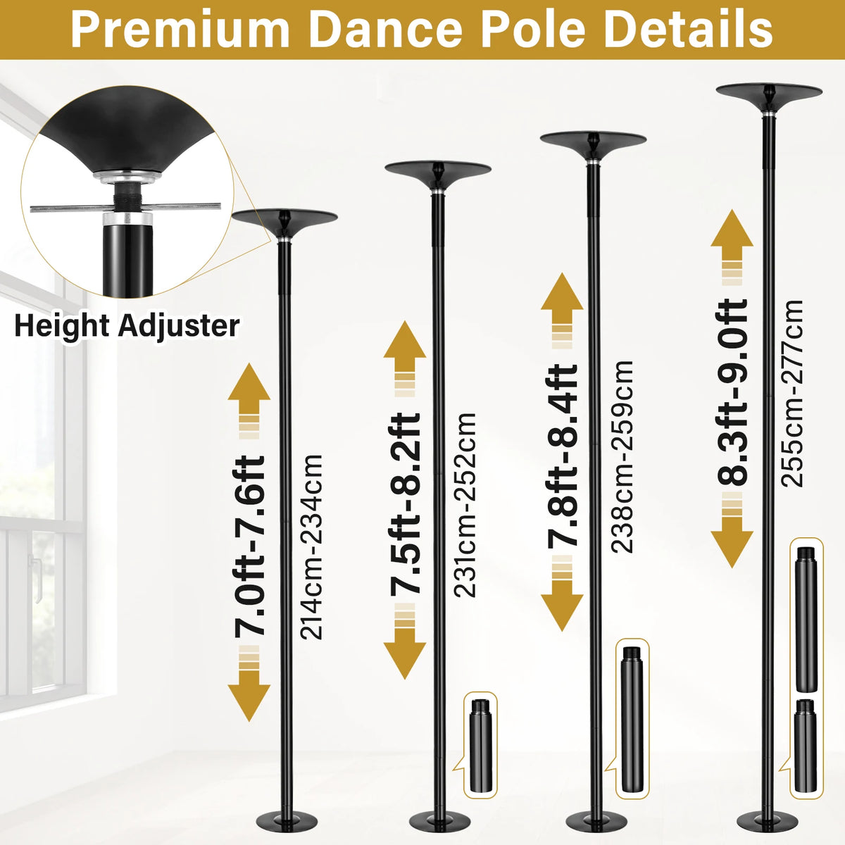 Dance Pole Static Dancing Pole, Portable Removable Training Dance Pole for Home Club Bar Gym, 7-9Ft Height Adjustable & Weight Capacity 500lb