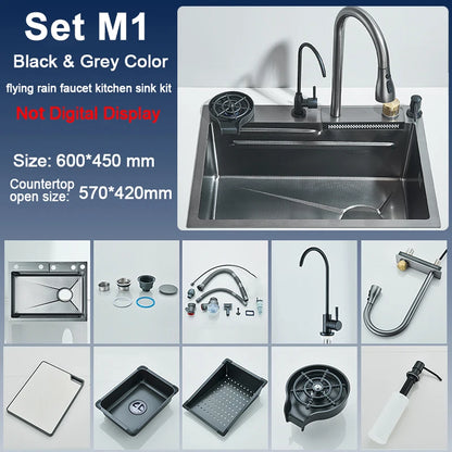 Stainless Steel Kitchen Sink with Faucet Digital Display Large Single Bowl Waterfall Rain 5 Functions System Dish Basin Sink