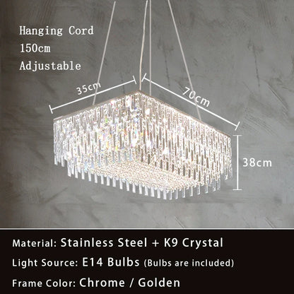 Luxury Crystal Long Pendant Lights Modern Lustres LED Chrome Hanging Lamps for Ceiling Silver Home Decor for Dining Room Remote