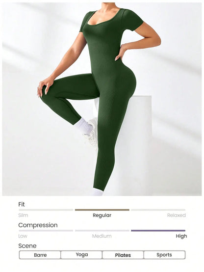 Women's Slimming Sexy Yoga Sports Jumpsuit Spring Summer Threaded Square Collar Lifting Buttocks Design Comfortable Active Wear