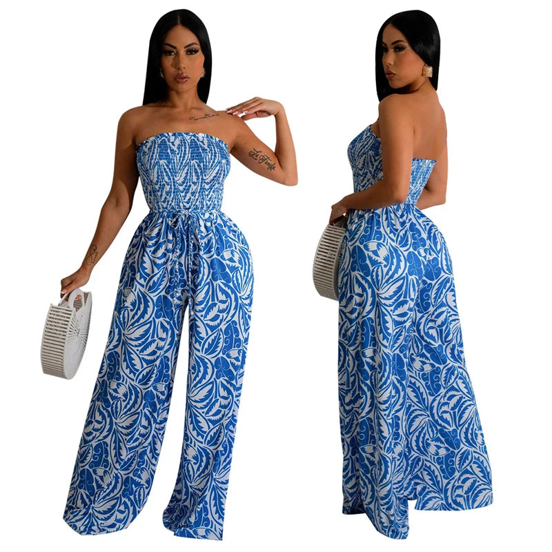 Elegant Print Jumpsuits for Woman Romper Sleeveless Backless Strapless High Waist Loose Straight Wide Leg Jumpsuit Club Clothing