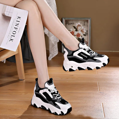 Women With Mesh And Synthetic Leather Upper Lace Up Design Round Toe Non Slip Thick Sole Breathable Casual Sports Shoes Trendy F