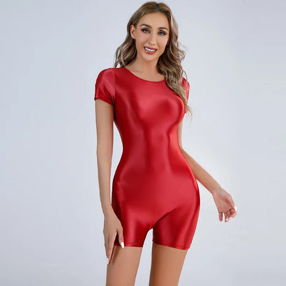 Sexy Jumpsuits Women Glossy Shiny Bodycon Bodysuit Elastic One Piece See Through Sexy Tights Satin Shaper Leotard Short Romper