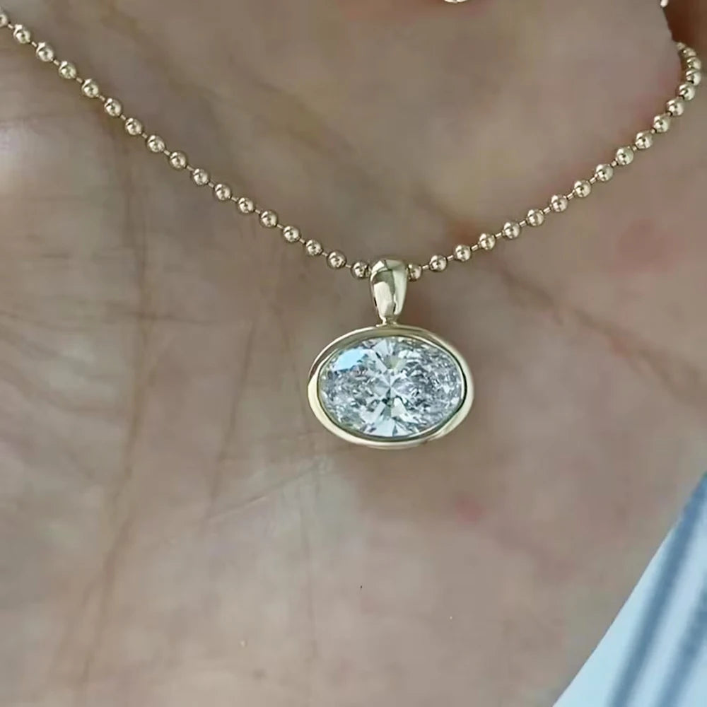 GRA Certified 2/3/4ct East West Oval Cut Moissanite Pendant Necklace for Women Bezel Set Solitaire Diamond 925 Silver Bead Chain
