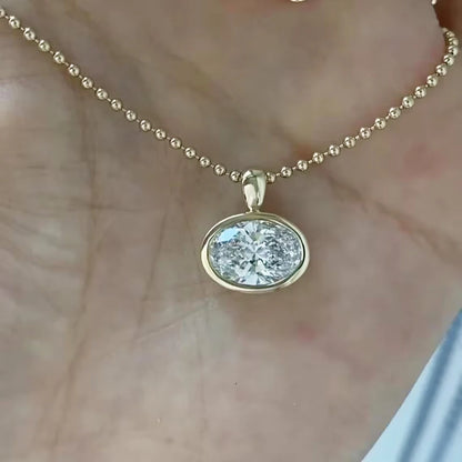 GRA Certified 2/3/4ct East West Oval Cut Moissanite Pendant Necklace for Women Bezel Set Solitaire Diamond 925 Silver Bead Chain