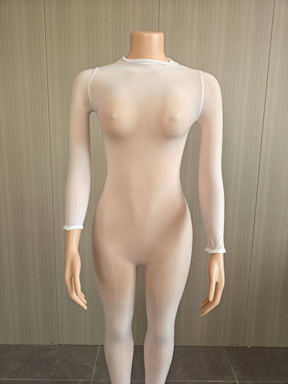 Sisterlinda Coquette See Through Foot Jumpsuit Women Thin Shines Fit Midnight Stretch Full Sleeve Club Skinny Activity Overalls