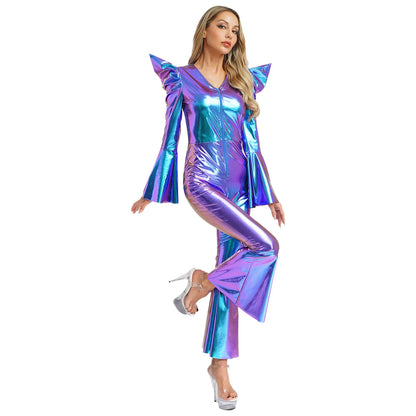 Women Vintage One Piece 70s Disco Dance Rompers Sleeveless Metallic Bell Bottom Flared Pants Jumpsuit for Retro Party Jazz Dance