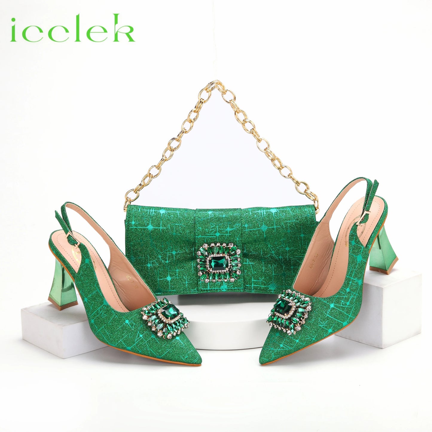 Women High Heels Sandals Shinning Material with Rhinestone Italian Design T.Blue Color Pointed Toe Shoes and Bags Set