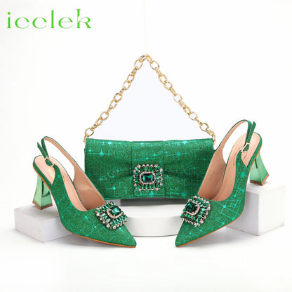 Women High Heels Sandals Shinning Material with Rhinestone Italian Design T.Blue Color Pointed Toe Shoes and Bags Set