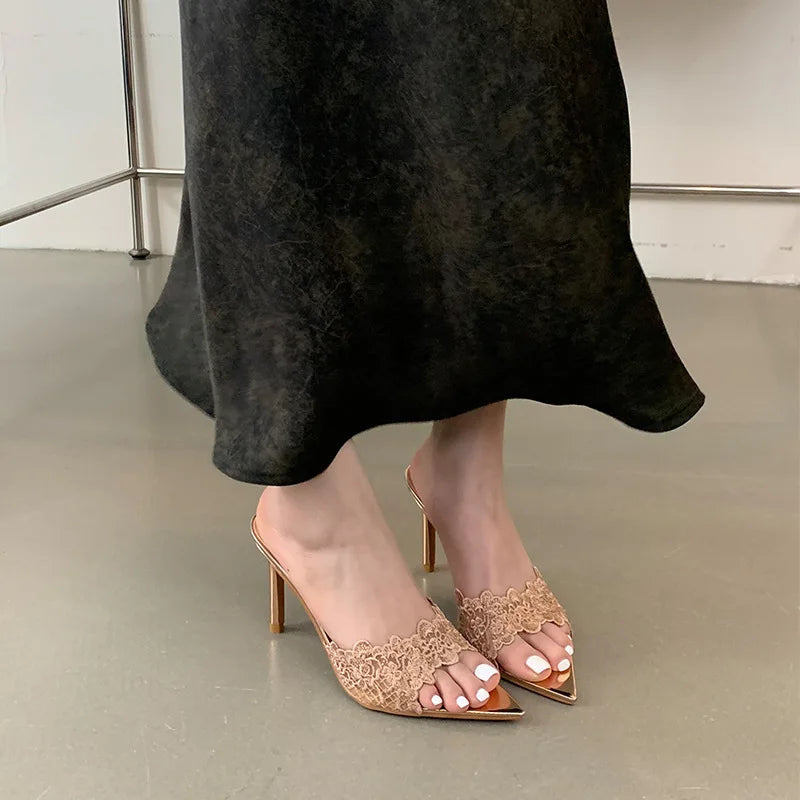 Luxury Lace Crochet Mule Slipper Woman Brand Design Point Toe High Heel Slide Sandal Ladies Elegant Evening Party Stiletto Shoes