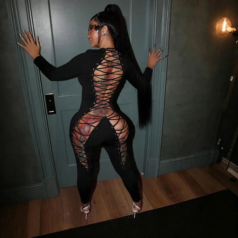 Sexy Party Club Night Out Outfits Woman Jumpsuits and Rompers Long Sleeve Open Back Lace-up Hollow Out Bandage Bodycon Overalls