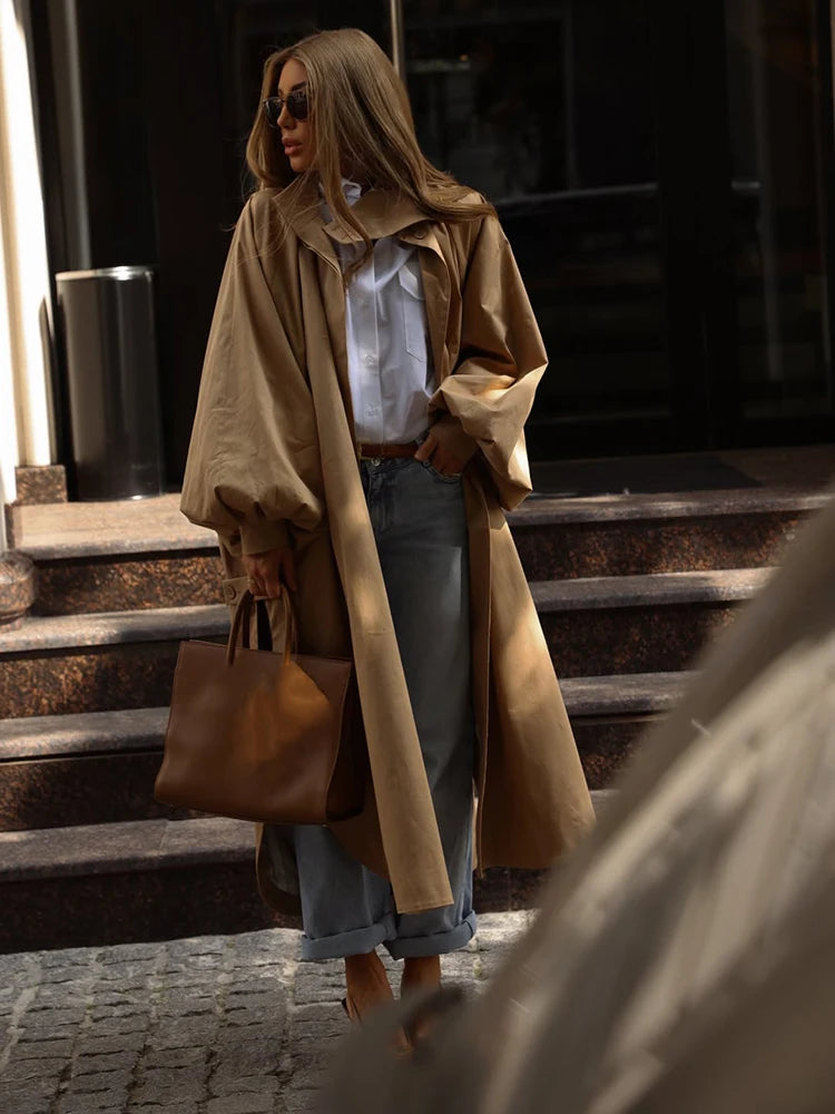 Women's Autumn Long Trench Coat Stand Collar Button Batwing Sleeves Side Slit Oversized Jacket Chic High Street Windproof Outfit