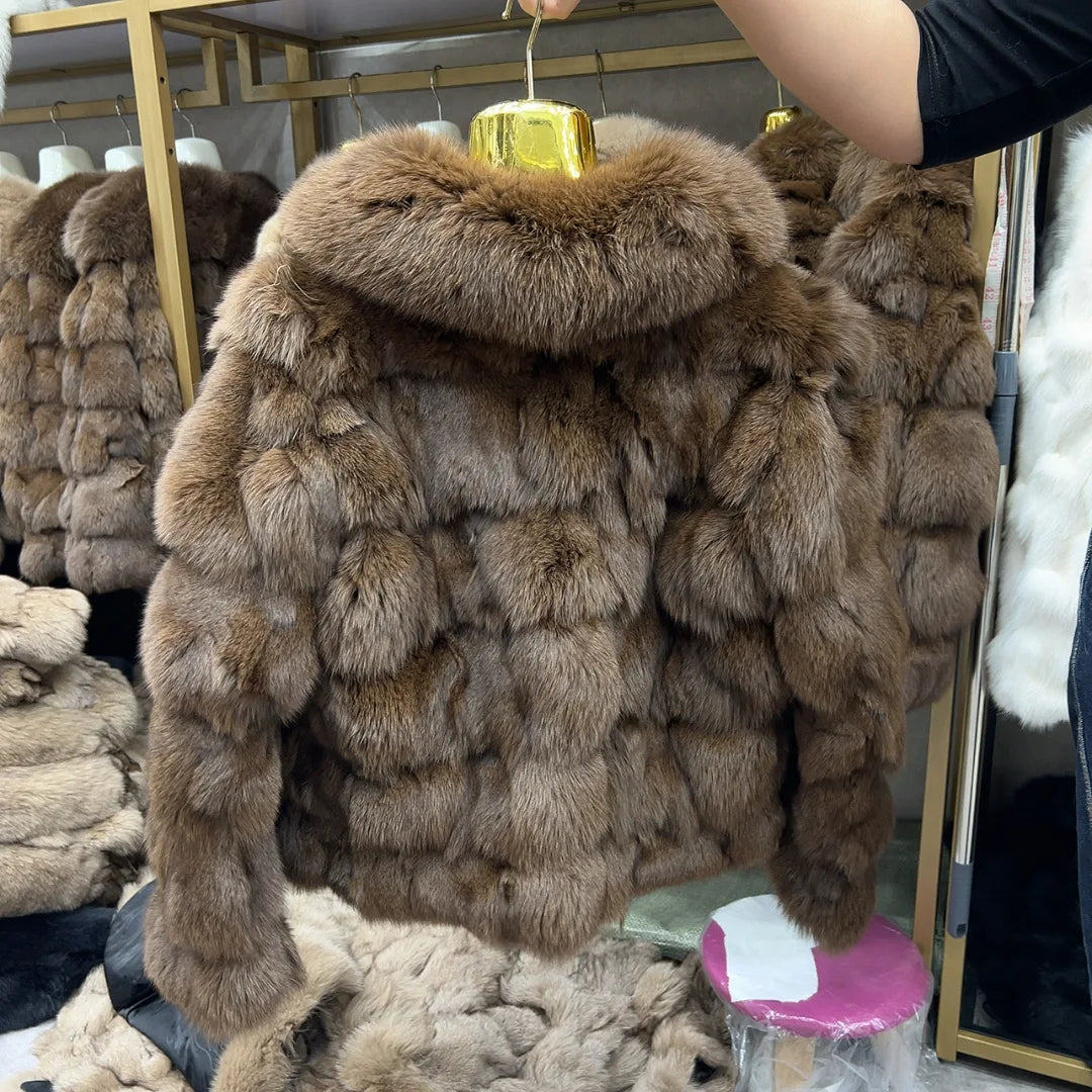 HUA QIU MEI SI Women's Natural Fox Fur Jacket with Fox Collar for Winter Warmth, Short Style Real Fox Fur Leather Jacket