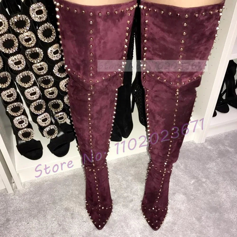 Sparkling Studded Thigh High Boots Women Sexy Metal Rivets Pointy High Heels Suede Leather Shoes Ladies Winter Fashion Boots