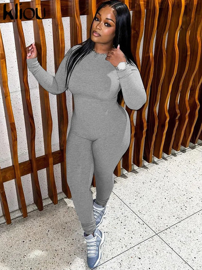 kliou Casual Basic Jumpsuits Women Concise Autumn Full Sleeve O-neck Body-shaping Overall Solid Sporty Daily Lady Classic Cloth