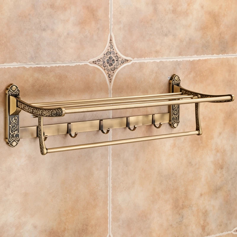 Aluminum Foldable Antique Brass Bath Towel Rack Active Bathroom Towel Holder Double Towel Shelf With Hooks Bathroom Accessories
