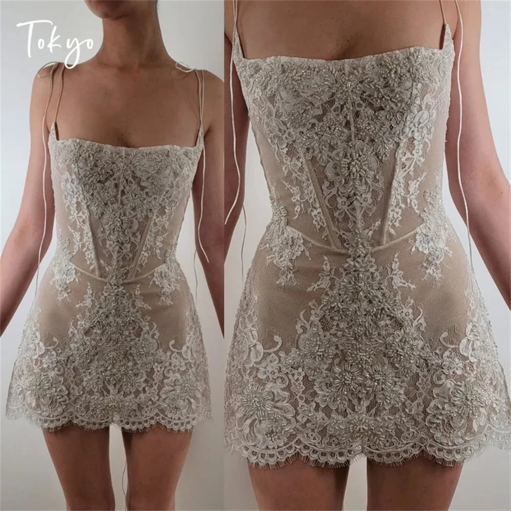 Tokyo Customized White Spaghetti Strap Wedding Dresses Sleeveless Back Lace-Up Bridal Gowns Elegant Mini A-Line Wedding Gowns