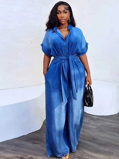 Denim Jumpsuits for Women Soft Denim Fabric One Piece Jumpsuit High Waist Blue Wide Jumpsuit with Pockets Ladies Summer Outfits