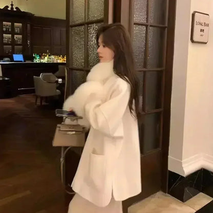 ORTBUY Autumn Winter New Fur Coat  Fox Fur Collar Jacket Female Double-sided Woolen Coat Small Double-sided Cashmere Coat Women