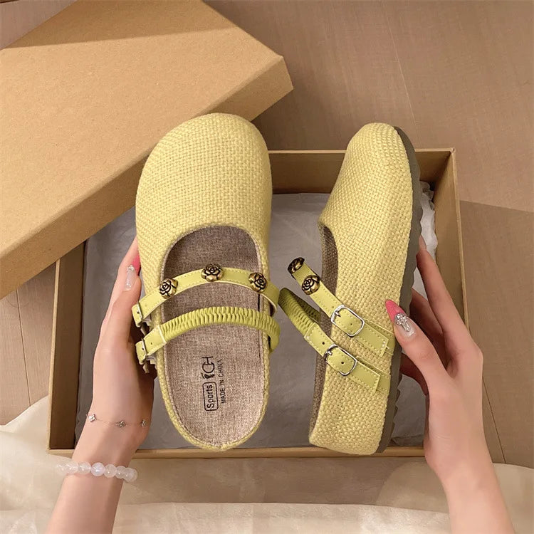 Women's Woven Mary Jane Mules Flat Round Toe Slip-On Shoes with Buckle Straps and Rose Hardware Casual Balletcore Summer Sandals