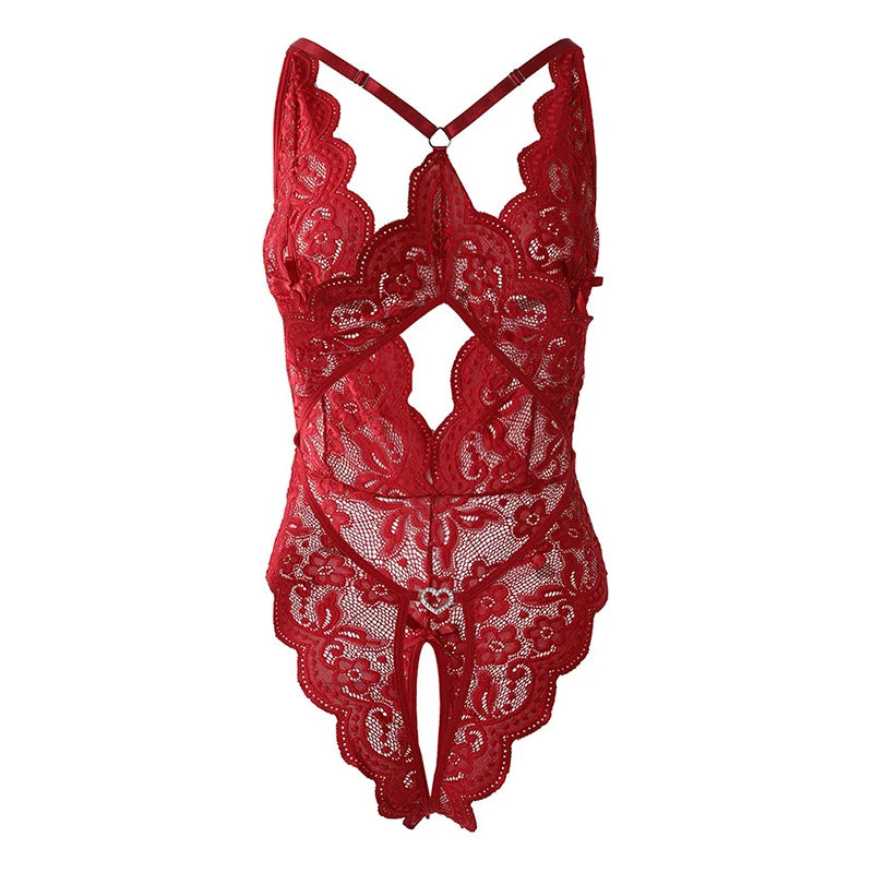 Sexy Crotchless Bodysuit Women Lace Hollow Rompers Erotic Clothes Deep V Open Bra Teddy Bodysuits Dress Black Jumpsuit One Piece