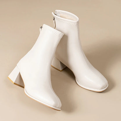 High-quality square-toe platform short boots for ladies, 2025 new fashion trend Wide heel, back zipper, large size women's boots