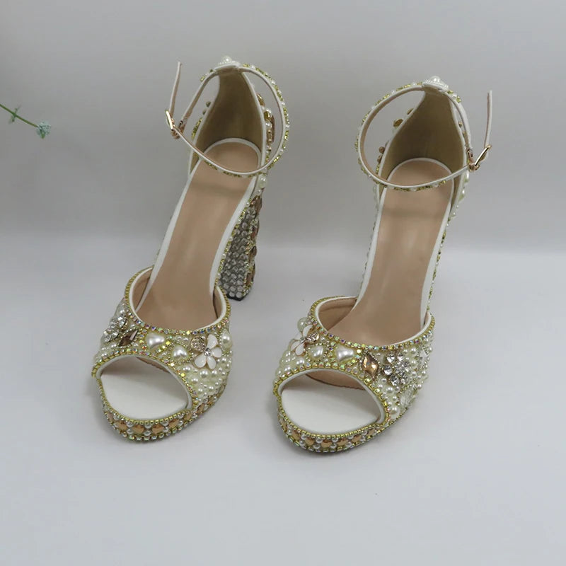 Luxury cyrstal wedding shoes with matching bags woman fashion Thick heel Women party dress shoes Fish beak Women shoes